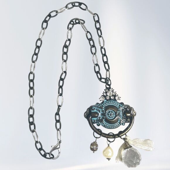 Victorian Style Necklace Antiqued Door Knocker Charms Rhinestone Chunky Handmade - Picture 1 of 13